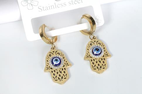 PENDIENTES | PENDIENTES ACERO DORADO MANO DE FATIMA CON OJO TURCO AZUL