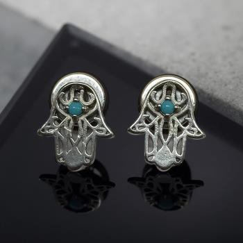 JOYERIA | PENDIENTES ACERO MANO DE FATIMA CON PIEDRA AZUL