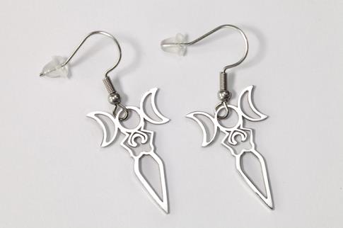 AMULETOS Y TALISMANES | PENDIENTES ACERO TRIPLE LUNA SOSTENIDA POR DIOSA DE LA FERTILIDAD