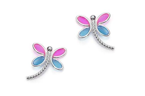 JOYERIA | PENDIENTES PLATA Y LIBELULA AZUL Y ROSA  6 mm