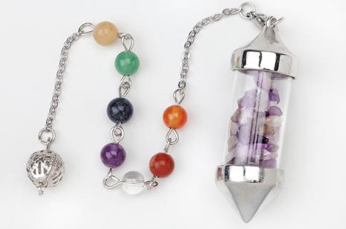 PENDULOS Y VARILLAS RADIESTESIA | PENDULO BOTELLA CRISTAL CON AMATISTAS Y 7 CHAKRAS