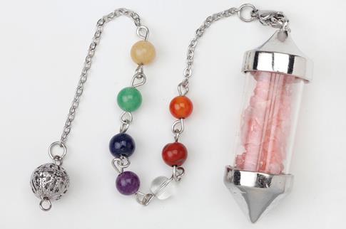 PENDULOS Y VARILLAS RADIESTESIA | PENDULO BOTELLA CRISTAL CON CUARZO ROSA Y 7 CHAKRAS