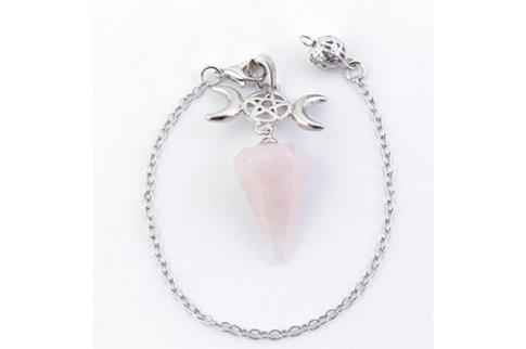 COMODIN | PENDULO METAL TRIPLE LUNA CON CUARZO ROSA FACETEADO 29X17MM. CADENA 17CM.