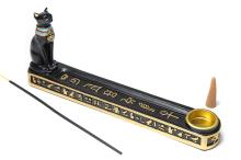 PORTAINCIENSO DIOSA BASTET COLOR NEGRO Y DORADO CON COLLAR MULTICOLOR 10 X 25 CM.