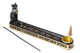 PORTAINCIENSOS | PORTAINCIENSO DIOSA BASTET COLOR NEGRO Y DORADO CON COLLAR MULTICOLOR 10 X 25 CM.