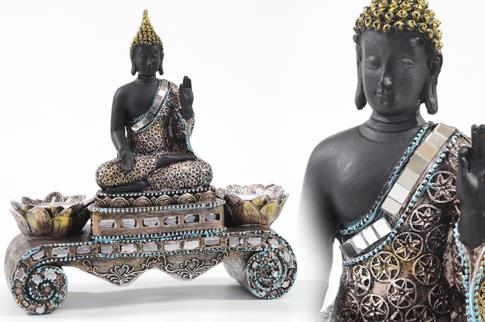 FIGURAS DIOSES, BUDAS Y MONJES | PORTALUMINAS FIGURA BUDA SOBRE PEDESTAL DOBLE 22X23CM