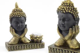FIGURAS DIOSES, BUDAS Y MONJES | PORTALUMINAS FIGURA CABEZA DE BUDA SOSTENIDA POR MANOS 18X15CM