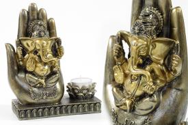 FIGURAS DIOSES, BUDAS Y MONJES | PORTALUMINAS FIGURA GANESHA EN MANO COLOR DORADO 19X15CM