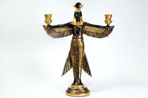 CANDELABROS Y PORTAVELAS | PORTAVELAS ISIS DORADA Y NEGRA CON ALAS DESPLEGADAS SOBRE PEDESTAL REDONDO 34 X 26,5 CM.