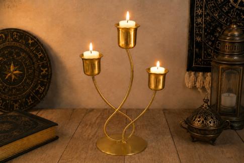 CANDELABROS Y PORTAVELAS | PORTAVELAS TRIPLE CURVADO COLOR DORADO 23 X 12 CM.
