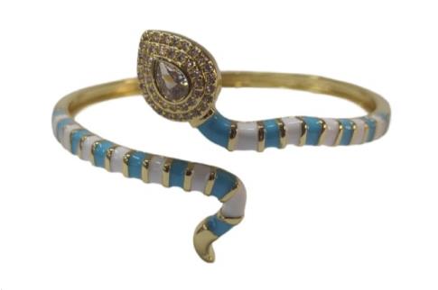 AMULETOS Y TALISMANES | PULSERA ACERO DORADO ADAPTABLE SERPIENTE COLOR AZUL Y BLANCO CON BRILLANTES