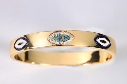 PULSERAS | PULSERA ACERO DORADO CON OJOS TURCOS ALARGADOS Y BRILLANTES