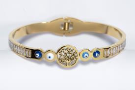 PULSERAS | PULSERA ACERO DORADO OJOS TURCOS Y ARBOL DE LA VIDA