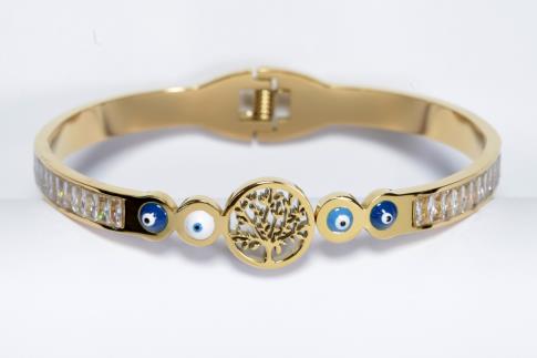 PULSERAS | PULSERA ACERO DORADO OJOS TURCOS Y ARBOL DE LA VIDA