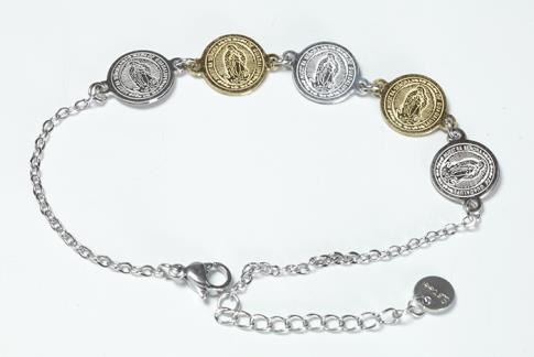 PULSERAS | PULSERA ACERO DORADO Y PLATEADO 5 MEDALLAS VIRGEN DE GUADALUPE 1,9 X 1 CM