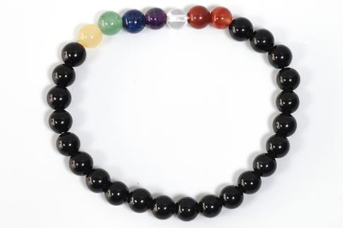 COLLARES, PULSERAS, PENDIENTES Y ANILLOS | PULSERA ELASTICA BOLA 6MM OBSIDIANA Y 7 CHAKRAS
