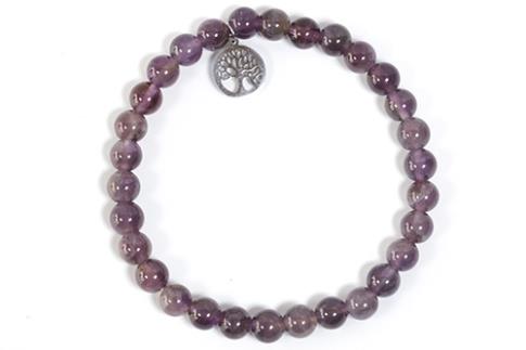 COLLARES, PULSERAS, PENDIENTES Y ANILLOS | PULSERA ELASTICA BOLAS 6MM AMATISTA CON DIJE ARBOL DE LA VIDA EN ACERO INOXIDABLE