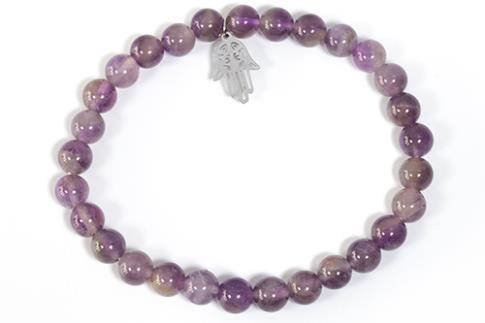 COLLARES, PULSERAS, PENDIENTES Y ANILLOS | PULSERA ELASTICA BOLAS 6MM AMATISTA CON DIJE MANO DE FATIMA EN ACERO INOXIDABLE
