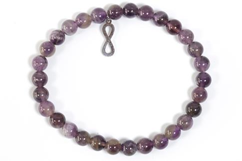 COLLARES, PULSERAS, PENDIENTES Y ANILLOS | PULSERA ELASTICA BOLAS 6MM AMATISTA CON DIJE SIMBOLO INFINITO EN ACERO INOXIDABLE