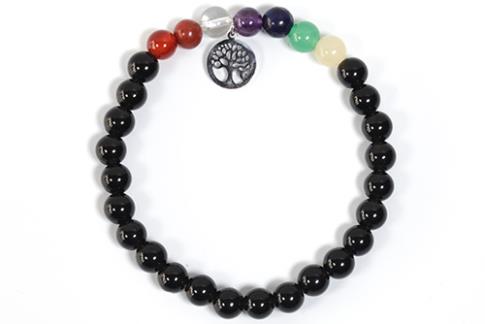 COLLARES, PULSERAS, PENDIENTES Y ANILLOS | PULSERA ELASTICA BOLAS 6MM OBSIDIANA Y 7 CHAKRAS CON DIJE ARBOL DE LA VIDA EN ACERO INOXIDABLE