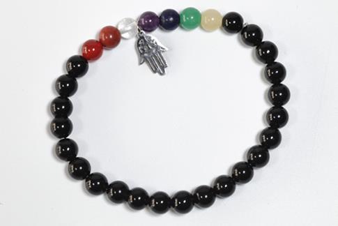 COLLARES, PULSERAS, PENDIENTES Y ANILLOS | PULSERA ELASTICA BOLAS 6MM OBSIDIANA Y 7 CHAKRAS CON DIJE MANO DE FATIMA EN ACERO INOXIDABLE
