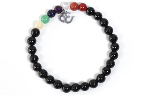 COLLARES, PULSERAS, PENDIENTES Y ANILLOS | PULSERA ELASTICA BOLAS 6MM OBSIDIANA Y 7 CHAKRAS CON DIJE SIMBOLO OM EN ACERO INOXIDABLE