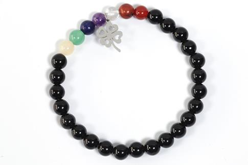 COLLARES, PULSERAS, PENDIENTES Y ANILLOS | PULSERA ELASTICA BOLAS 6MM OBSIDIANA Y 7 CHAKRAS CON DIJE TREBOL EN ACERO INOXIDABLE