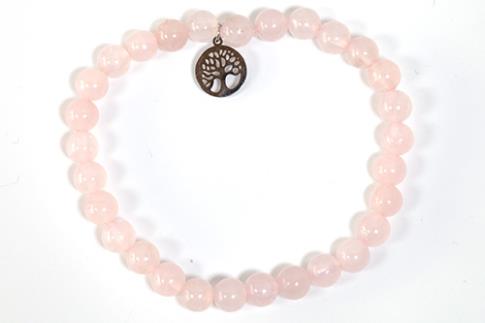 COLLARES, PULSERAS, PENDIENTES Y ANILLOS | PULSERA ELASTICA BOLAS DE CUARZO ROSA 6MM CON DIJE ARBOL DE LA VIDA EN ACERO INOXIDABLE