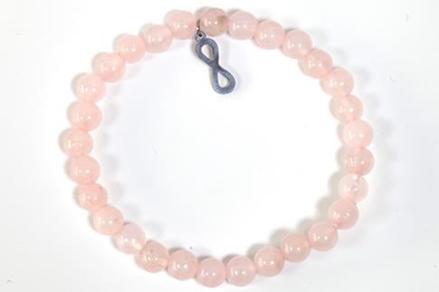 COLLARES, PULSERAS, PENDIENTES Y ANILLOS | PULSERA ELASTICA BOLAS DE CUARZO ROSA 6MM CON DIJE SIMBOLO INFINITO EN ACERO INOXIDABLE