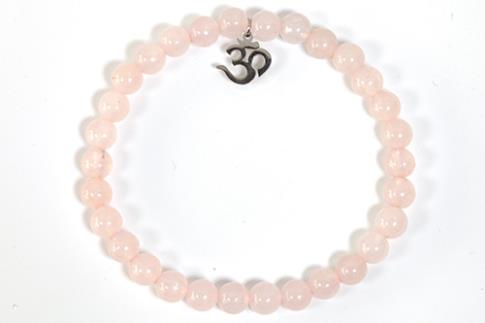 COLLARES, PULSERAS, PENDIENTES Y ANILLOS | PULSERA ELASTICA BOLAS DE CUARZO ROSA 6MM CON DIJE SIMBOLO OM EN ACERO INOXIDABLE