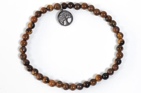 COLLARES, PULSERAS, PENDIENTES Y ANILLOS | PULSERA ELASTICA BOLAS DE OJO DE TIGRE 4MM CON DIJE ARBOL DE LA VIDA EN ACERO INOXIDABLE