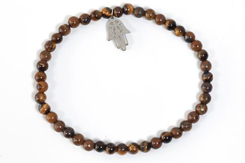 COLLARES, PULSERAS, PENDIENTES Y ANILLOS | PULSERA ELASTICA BOLAS DE OJO DE TIGRE 4MM CON DIJE MANO DE FATIMA EN ACERO INOXIDABLE