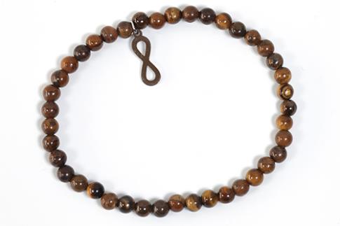 COLLARES, PULSERAS, PENDIENTES Y ANILLOS | PULSERA ELASTICA BOLAS DE OJO DE TIGRE 4MM CON DIJE SIMBOLO INFINITO EN ACERO INOXIDABLE