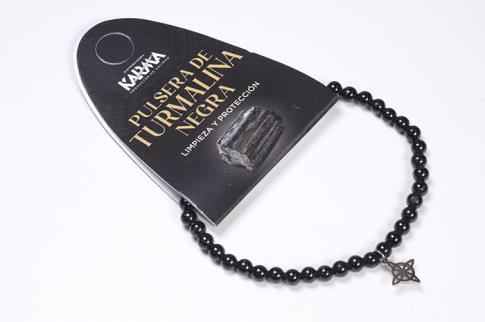 COLLARES, PULSERAS, PENDIENTES Y ANILLOS MINERALES | PULSERA ELASTICA BOLAS DE TURMALINA NEGRA 4MM CON DIJE NUDO DE BRUJAS EN ACERO INOXIDABLE