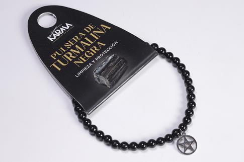 COLLARES, PULSERAS, PENDIENTES Y ANILLOS MINERALES | PULSERA ELASTICA BOLAS DE TURMALINA NEGRA 4MM CON DIJE TETRAGRAMATON EN ACERO INOXIDABLE