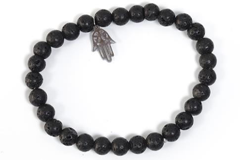 COLLARES, PULSERAS, PENDIENTES Y ANILLOS | PULSERA ELASTICA ROCA DE LAVA 6MM CON DIJE MANO DE FATIMA EN ACERO INOXIDABLE