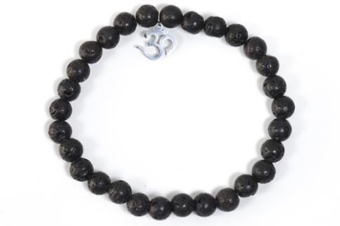 COLLARES, PULSERAS, PENDIENTES Y ANILLOS | PULSERA ELASTICA ROCA DE LAVA 6MM CON DIJE SIMBOLO OM DE ACERO INOXIDABLE