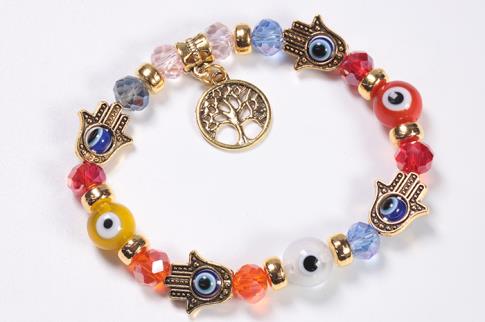 PULSERAS | PULSERA OJO TURCO DORADA CON MANOS DE FATIMA Y ARBOL DE LA VIDA