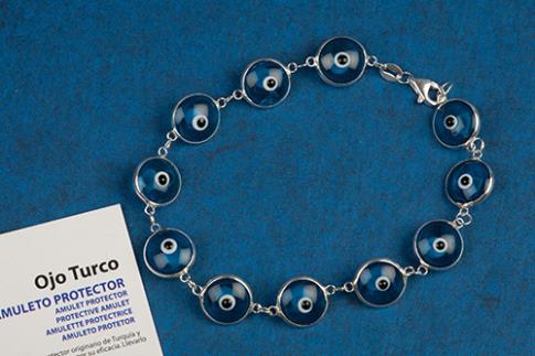 COMODIN | PULSERA PLATA 11 OJOS TURCOS AZULES 1 CM.