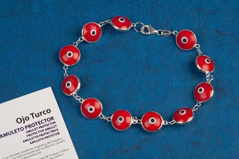 JOYERIA | PULSERA PLATA 11 OJOS TURCOS ROJOS 1 CM