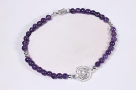 PULSERAS | PULSERA PLATA CON MEDALLA SAN BENITO Y BOLITAS (AMATISTA/TURMALINA)