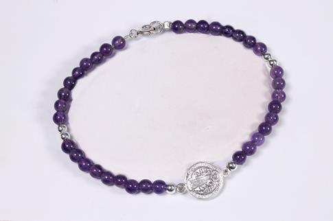 PULSERAS | PULSERA PLATA CON MEDALLA SAN BENITO Y BOLITAS (AMATISTA/TURMALINA)