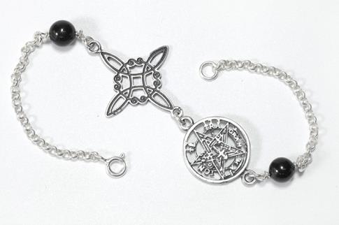JOYERIA | PULSERA PLATA ENVEJECIDA DOBLE PROTECCION MAXI CON BOLITAS MINERAL Y CIERRE (Nudo de Brujas 2,2cm y Tetragramaton 1,5 cm.)