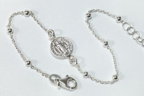 JOYERIA | PULSERA PLATA MEDALLA DE SAN BENITO Y BOLITAS