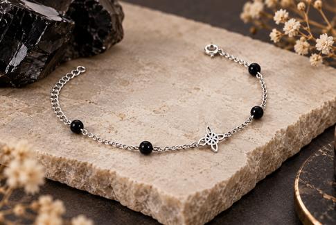 PULSERAS | PULSERA PLATA NUDO DE BRUJAS MINI CON BOLITAS MINERAL