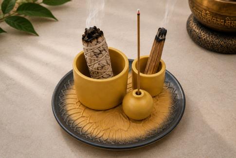 PORTAINCIENSOS | QUEMADOR DE ATADITOS, PALO SANTO E INCIENSO COLOR MOSTAZA 5 X 13 X 13 CM.