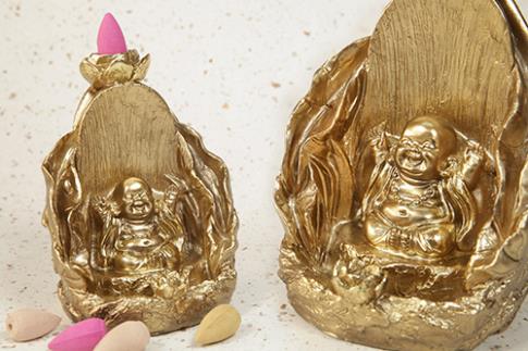 PORTAINCIENSOS | QUEMADOR INCIENSO REFLUJO (EFECTO NIEBLA) BUDA DORADO 9X13CM