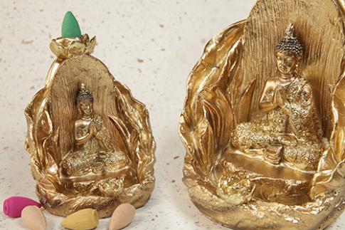 PORTAINCIENSOS | QUEMADOR INCIENSO REFLUJO (EFECTO NIEBLA) BUDA DORADO 9X13CM