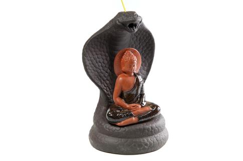 PORTAINCIENSOS | QUEMADOR INCIENSO REFLUJO (EFECTO NIEBLA) BUDA SENTADO SOBRE COBRA 15X9,5CM