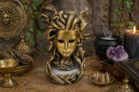 PORTAINCIENSOS | QUEMADOR INCIENSO REFLUJO (EFECTO NIEBLA) CABEZA DE MEDUSA COLOR DORADO 20 X 11 CM.